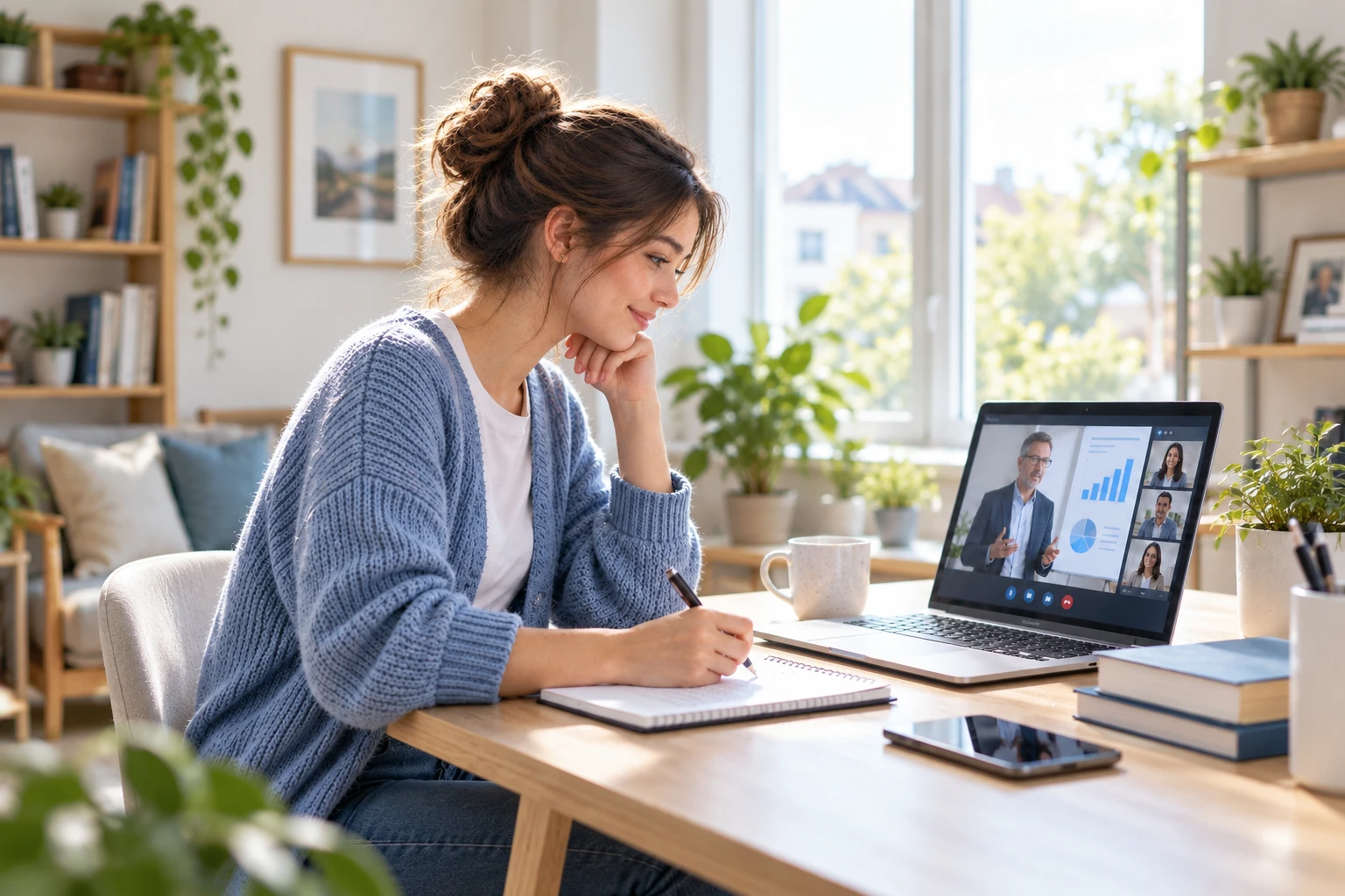 Εκπαιδευόμενη παρακολουθεί online μάθημα κατάρτισης από το σπίτι